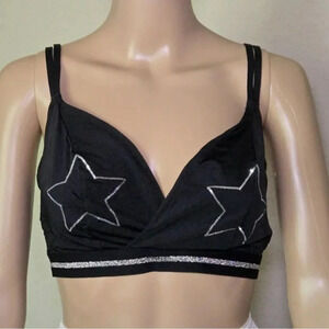 Cacique Lane Bryant Unlined No Wire Crossback Bralette BLACK SILVER Stars 14/16
